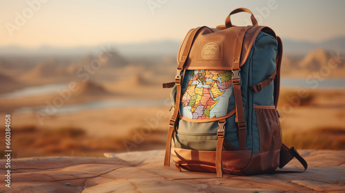 an old traveler's backpack with a world map painted on it, the backpack is standing on a rock and the desert in the background photo