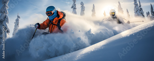 skieur en train de faire du hors piste dans de la poudreuse - sports d'hiver à la neige