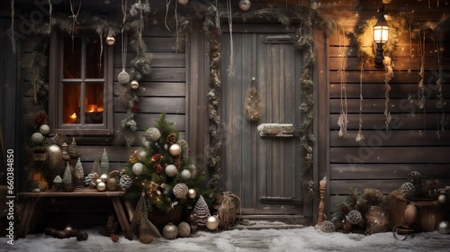 Christmas wooden door scene, in the style of schlieren