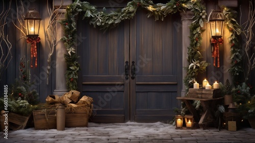 Christmas wooden door scene, in the style of schlieren