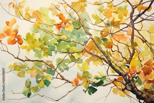 Watercolor foliage and tree limbs. Generative AI