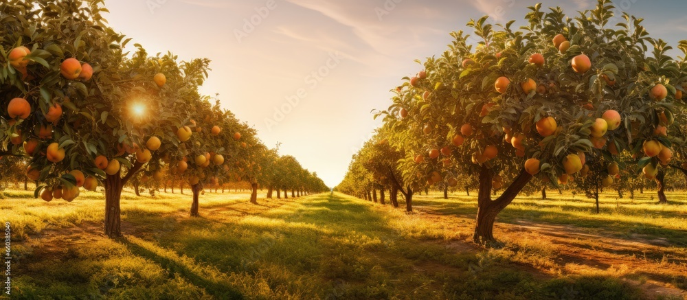 Sunlit autumn orchard with fruit trees With copyspace for text - obrazy, fototapety, plakaty 