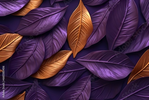 Pattern of dry orange metal leaves on purple background  colorful leaves minimalist background  leaves minimalist wallpaper