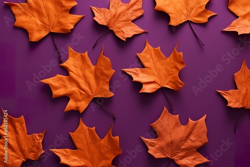 Pattern of dry orange metallic maple leaves on purple background, colorful leaves minimalist background, leaves minimalist wallpaper