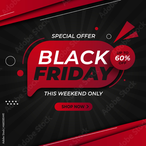 Black Friday Sale With Red Black Banner With Discount Up to 60% off . Special Offer. This Weekend Only. Vector illustration.