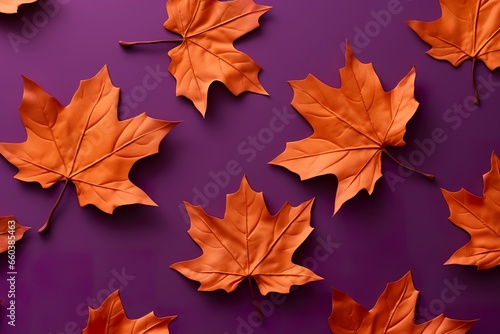 Pattern of dry orange metallic maple leaves on purple background, colorful leaves minimalist background, leaves minimalist wallpaper