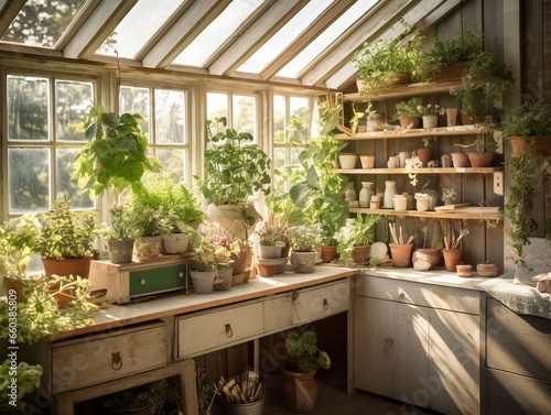 Cozy scandinavian style potting shed interior photo, indoor greenhouse, sun-filled greenhouse photo