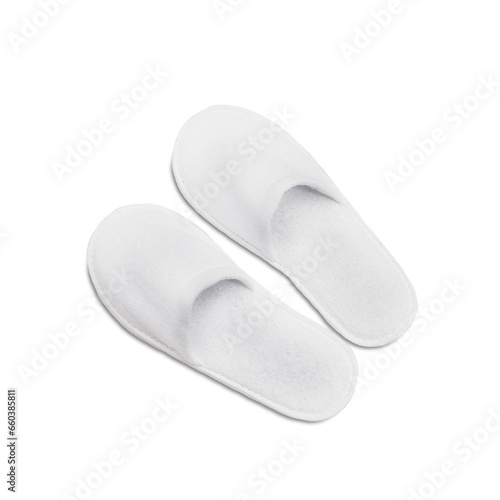 A pair of white disposable textile slippers on a transparent background. PNG. View from above