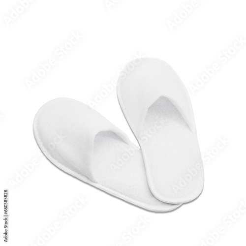 A pair of white disposable textile slippers on a transparent background. PNG. View from above