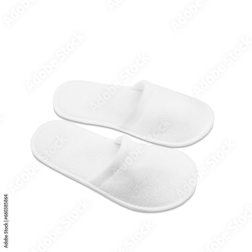 A pair of white disposable textile slippers on a transparent background. PNG. Side view.