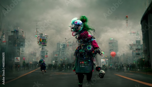 Woman chased by a man dressed as a clown robot in a Tokyo city street sithcore blackcore spiritualcore 8k render green clouds cinematic hyperrealism detailed bismuth highlights concept art  photo