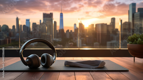 headphones on a yoga mat lying on the wooden floor of a balcony overlooking a modern city with many skyscrapers with sunrise and beautiful sky  #660386686