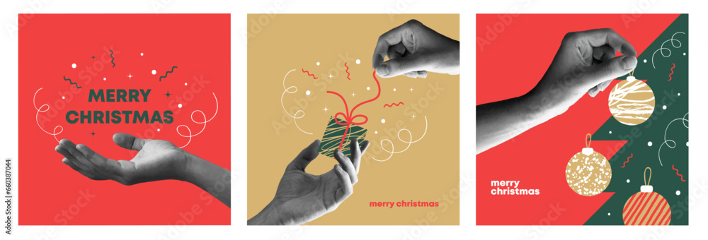 Merry christmas collage design. With hands holding christmas-tree toy and gift. Colorful collage style illustrations. Vector design for poster, banner, greeting and new year 2024 celebration. - obrazy, fototapety, plakaty 