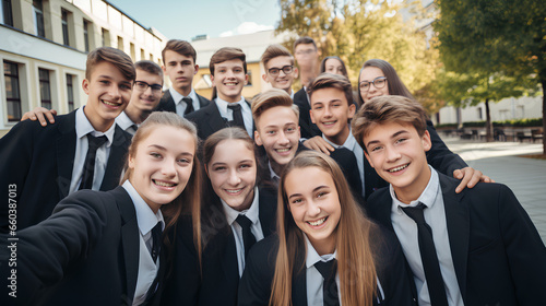 Group of school students stand outside in uniform in front of the school building