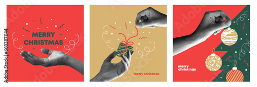 Merry christmas collage design. With hands holding christmas-tree toy and gift. Colorful collage style illustrations. Vector design for poster, banner, greeting and new year 2024 celebration.