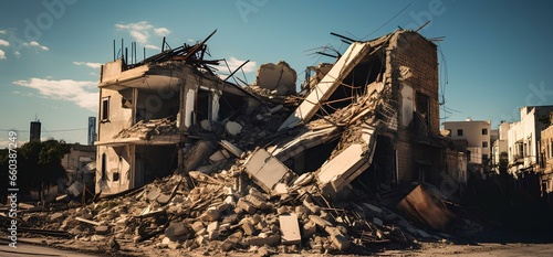 Destroyed buildings and houses, grief and devastation due to military conflicts.