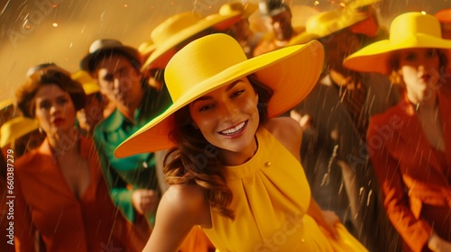 woman in a yellow hat and dress, followed by group of people