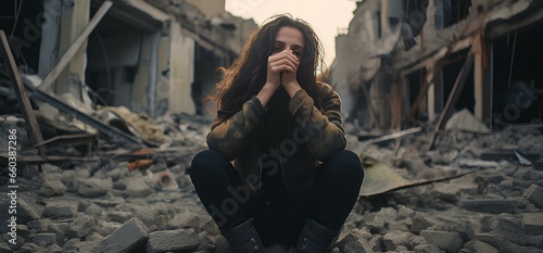A crying woman on the background of destroyed buildings, grief and devastation among the civilian population due to military conflicts.