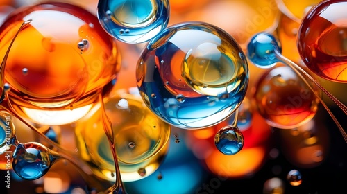 Colorful beads of oil in water, vibrant colors and abstract formations, suitable for vibrant backgrounds. (Generative AI)