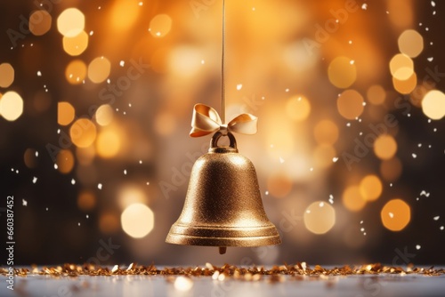 Hanging golden Christmas bell with ribbon bow and some golden confetti, snow and shimmering lights
