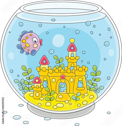 Funny colorful decorative fish swimming in its home round aquarium with a toy castle with towers and seaweeds on the sand bottom, vector cartoon illustration on a white background