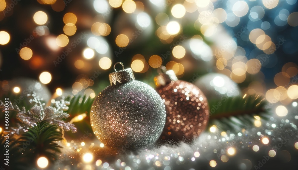 Shimmering Christmas Baubles with Dreamy Bokeh Background Shimmering Christmas Baubles with Dreamy Bokeh Background