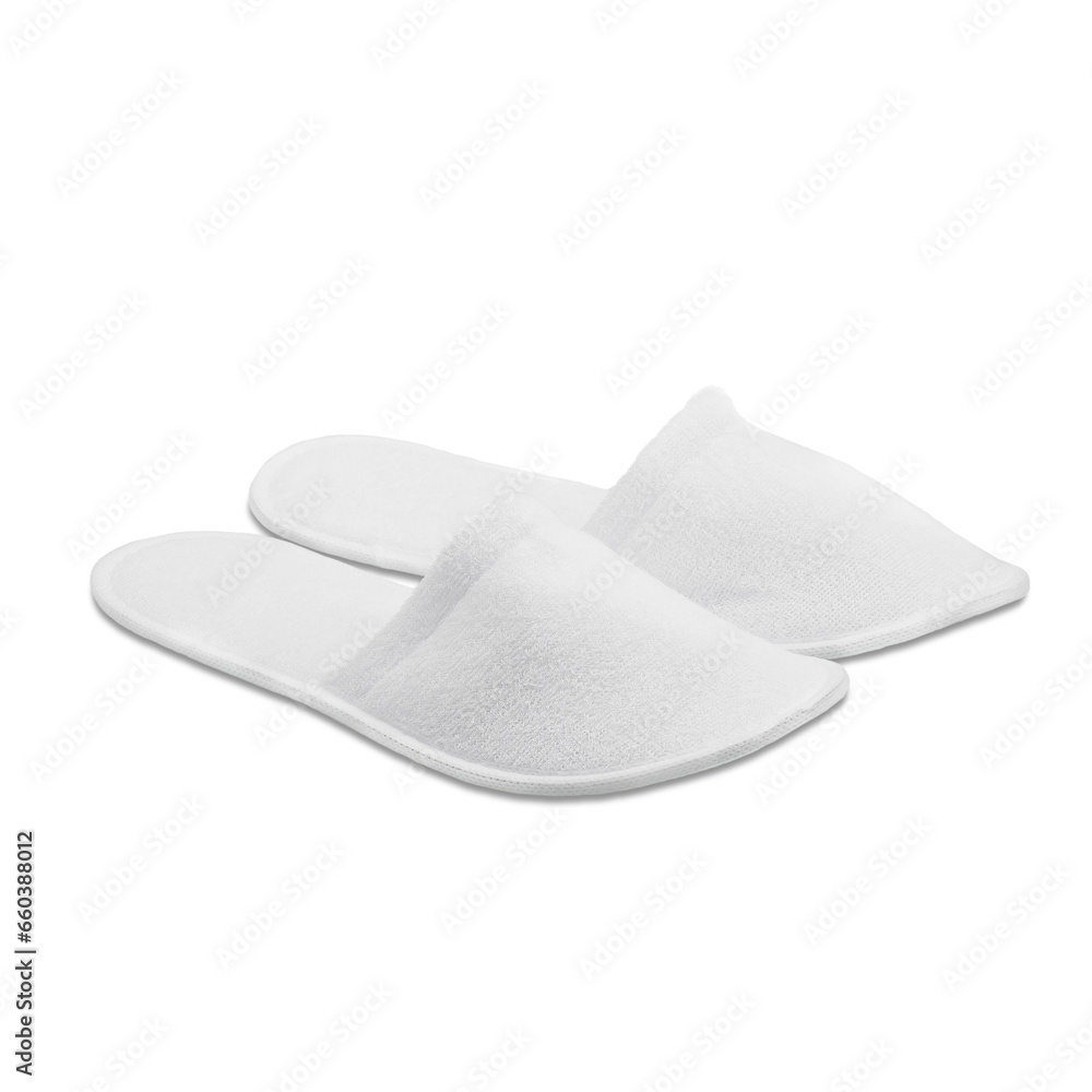 A pair of white disposable textile slippers on a transparent background. PNG. Side view. A pair of white disposable textile slippers on a transparent background. PNG. Side view.