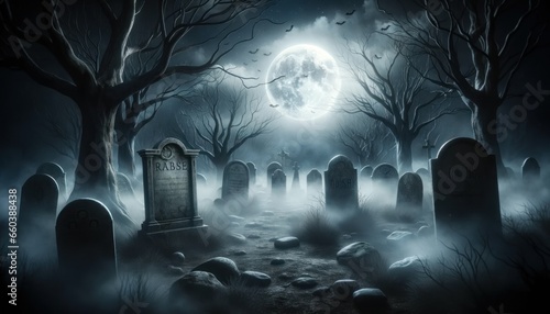 Eerie Halloween Graveyard under Moonlight