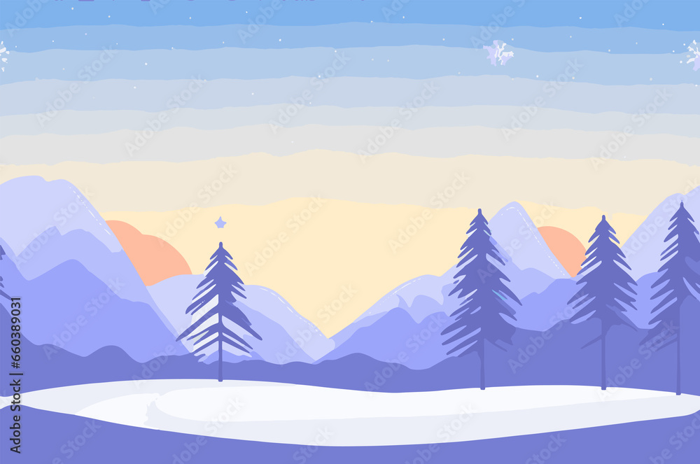 Majestic sunrise in the winter mountains landscape, winter landscape with snow and trees, winter landscape vector illustration