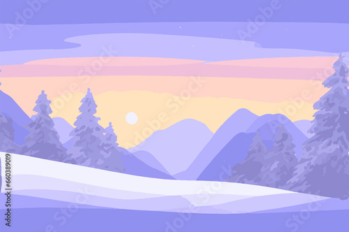 Majestic sunrise in the winter mountains landscape  winter landscape with snow and trees  winter landscape vector illustration
