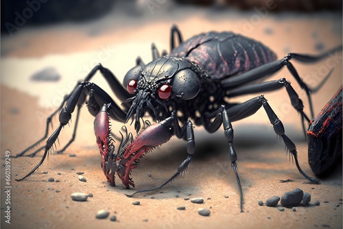 large black shiny windged fantasy insects with very large jaws eating a dead bipedal creature with red liquid all over them and the ground gross photo realistic extremely detailed depth of field  © Georgia