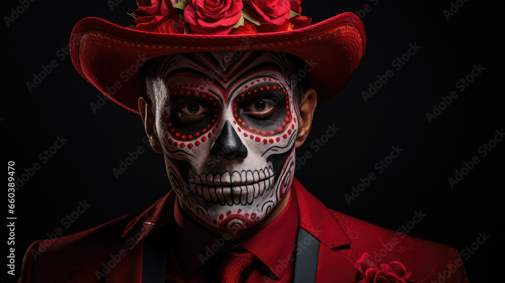 Man in spooky skeleton makeup on red background, Day of Dead. Man in spooky skeleton makeup on red background, Day of Dead.