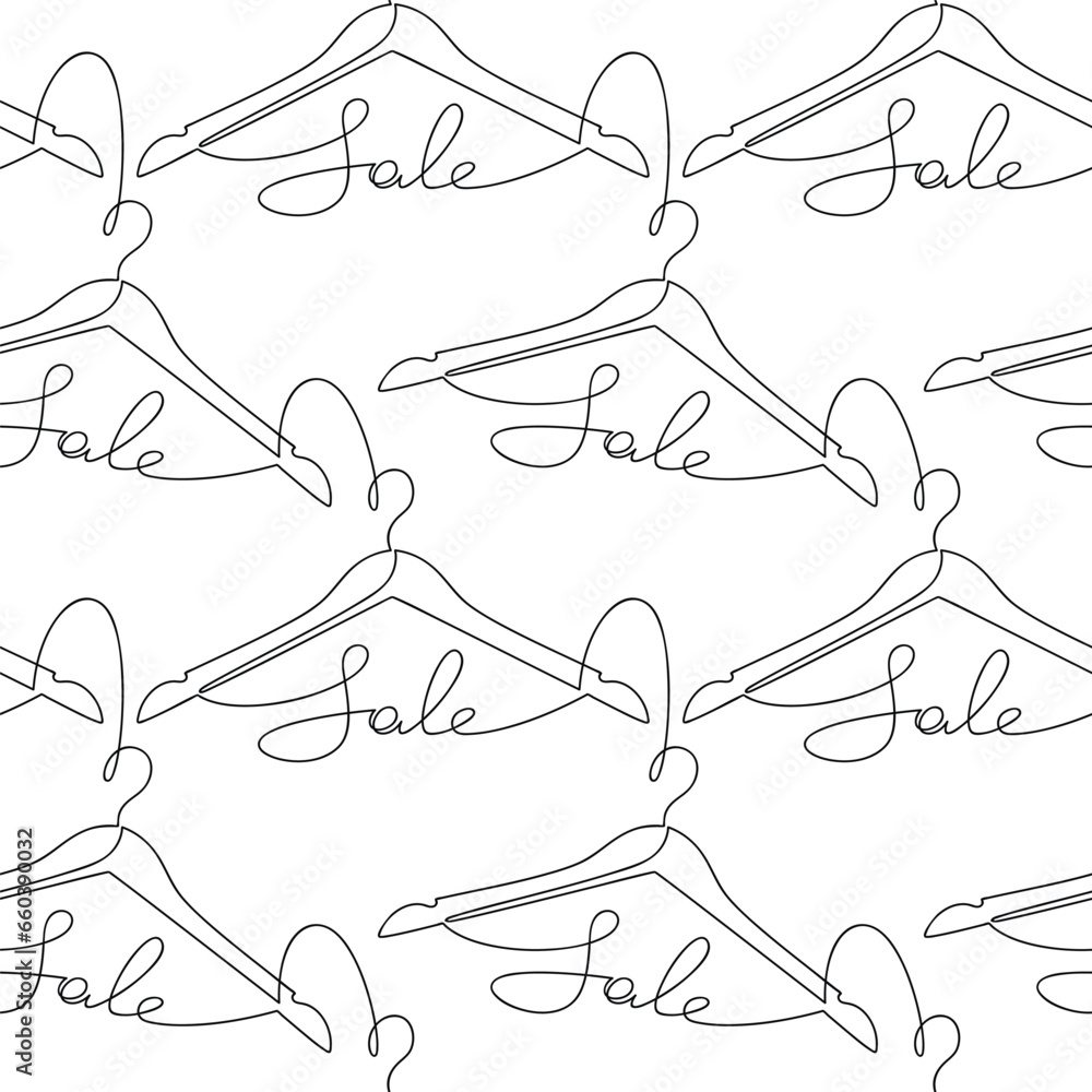 Obraz premium Clothes hanger line continuous icon. Seamless pattern vector. Sale text, hand writing, lettering. Graphic background illustration, wallpaper, print, showroom, shop banner, card, discount brochure.