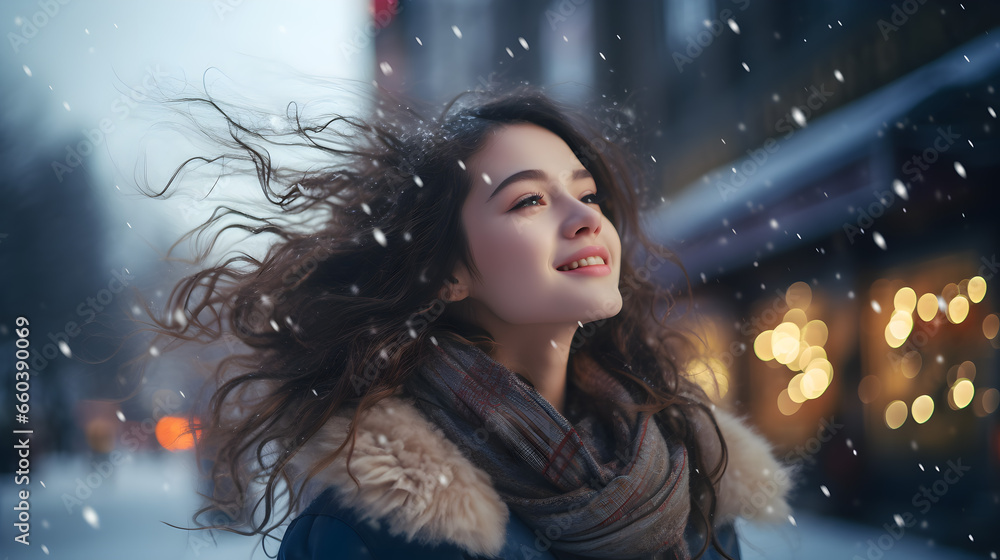Snowfall Joy: Energetic Girl with Flowing Hair, Delighting in Snowflakes. Winter, Christmas content. Snowfall Joy: Energetic Girl with Flowing Hair, Delighting in Snowflakes. Winter, Christmas content.