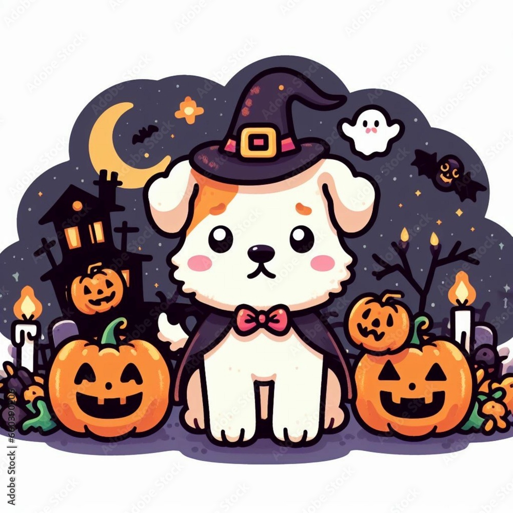 Cute dog in witch hat with pumpkin and bats. Halloween illustration. Cute dog in witch hat with pumpkin and bats. Halloween illustration.