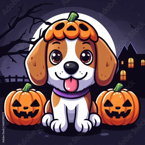 Cute dog in witch hat with pumpkin and bats. Halloween illustration.