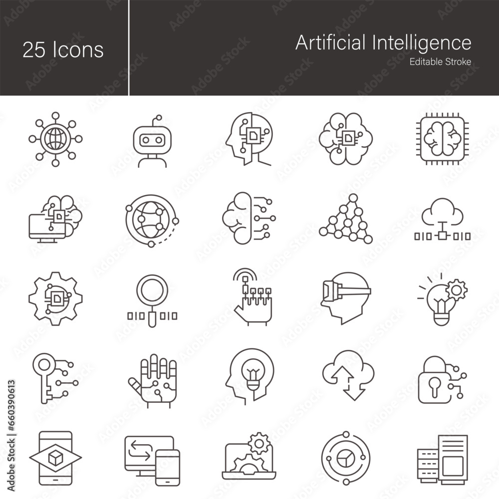 Artificial Intelligence line icon set.  25 editable stroke vector graphic elements, stock illustration Icon, Business, Finance, Innovation, Technology