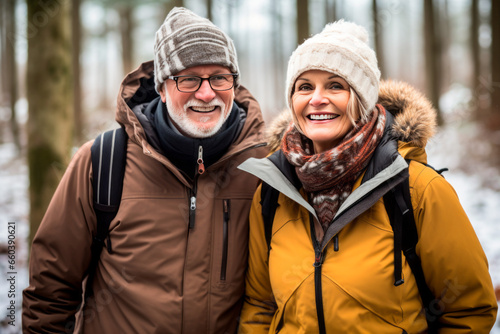 Senior couple while winter hiking, filled with wonder at the beauty of nature during their active retirement