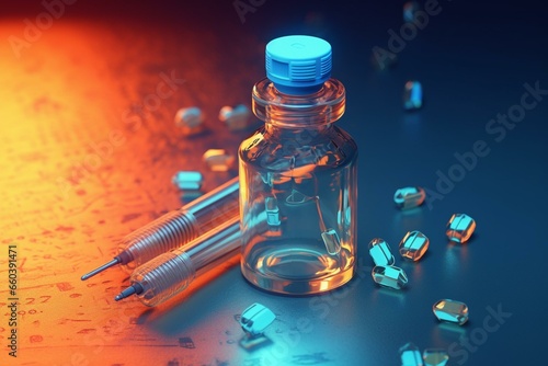 Illustration of costly medications with dollar symbol in vaccine vial beside syringe. Rendered in 3D. Generative AI