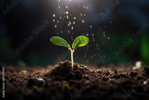Fotografia Young green tree plant sprout growing up from the black soil