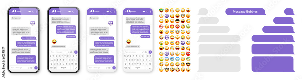 Smartphone messaging app, user interface design with emoji. SMS text frame. Chat screen with violet message bubbles. Texting app for communication. Social media application. Vector illustration Smartphone messaging app, user interface design with emoji. SMS text frame. Chat screen with violet message bubbles. Texting app for communication. Social media application. Vector illustration