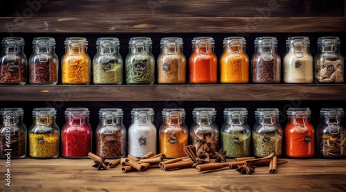 Assorted spices in glass jars. Home storage of spices.