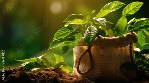 Open bag with coffee beans a green leaves.