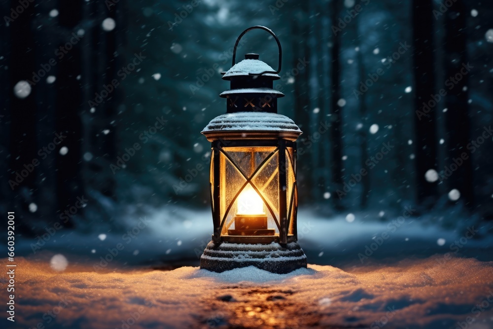 Burning vintage lantern in winter night forest.