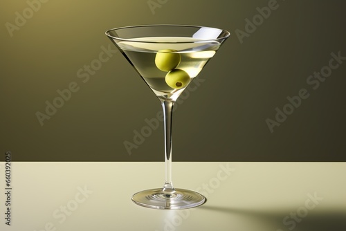 Martini glass with olive on a green background
