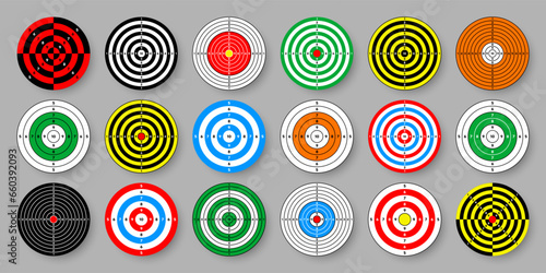 Shooting range paper targets. Round target with divisions, marks and numbers. Archery, gun shooting practise and training, sport competition and hunting. Bullseye and aim. Vector illustration