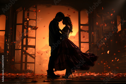 Silhouettes of Love: A Romantic Dance in the Dim Light ai generated art