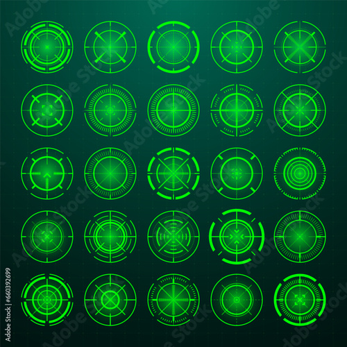 Crosshair, gun sight vector icons. Bullseye, black target or aim symbol. Military rifle scope, shooting mark sign. Targeting, aiming for a shot. Archery, hunting and sports shooting. Game UI element.