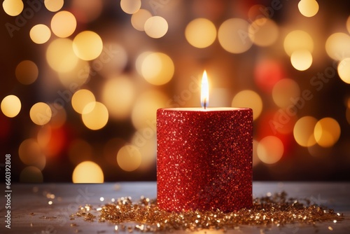 Simple red Christmas burning candle on some golden confetti and glitter with bright lights background and copy space for greetings