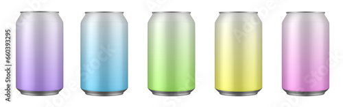 Set of pink, yellow, green, blue and purple tin cans of energy drink, juice or soda. Cocktail or fitness drink. Cold beverages. Gradient colors	